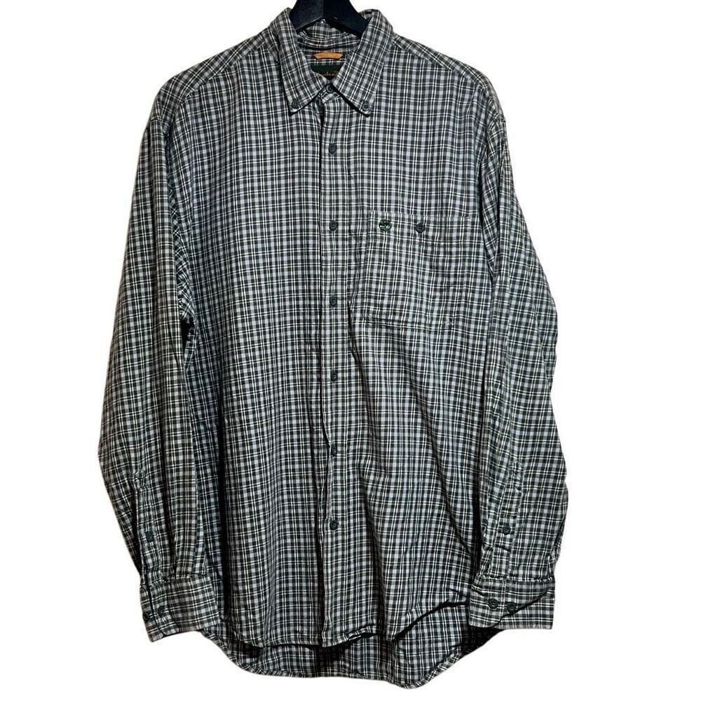 Men’s Timberland Med  Dark Green/ Gray / Navy plaid pattern work shirt